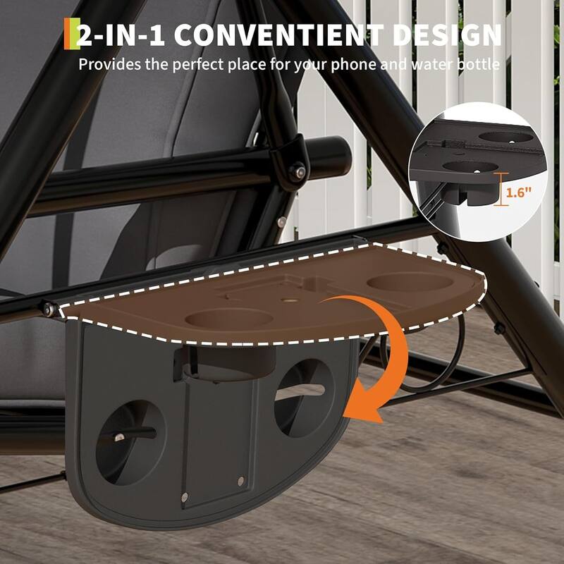 3 Seat Outdoor Porch Swing Chair with Canopy ＆ Cup Holders for Backyard, Porch, Garden