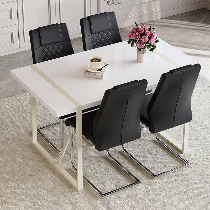 5-Piece Rectangular Dining Table Set, Modern 55" Cream Table with 4 Faux Leather Chairs for Kitchen Home Office and Lounge Area