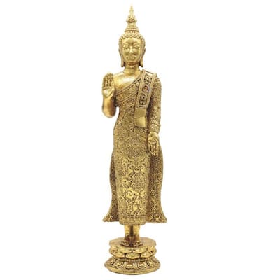 Q-Max 12"H Gold Thai Buddha Standing on Lotus Base Statue Feng Shui Decoration Religious Figurine
