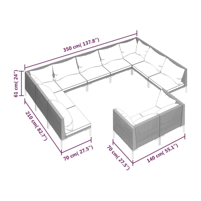 vidaXL Patio Lounge Set Outdoor Sectional Sofa Set Table Poly Rattan Dark Grey - 27.6" x 27.6" x 24"