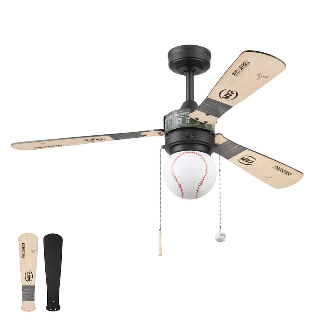Prominence Home Grand Slam 48-Inch Matte Black Baseball Themed Ceiling Fan with Light and Pull Chains - 48 Inches