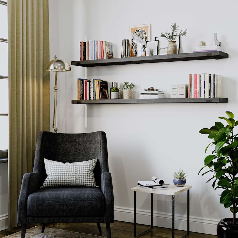 Wallniture Forte Wood Board 60" Long, 9.25'' Deep, 1.5" Thick, Floating Wall Shelf, Hanging Bookshelf, Kitchen, Ebony, 1Pc