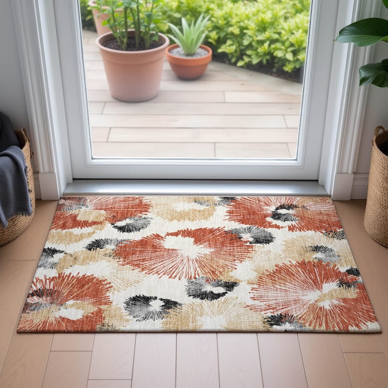 Machine Washable Indoor/Outdoor Modern Floral Chantille Rug