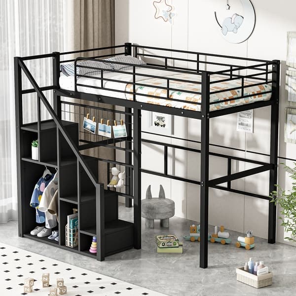 slide 2 of 12, Twin Size Loft Bed with Metal Frame, Storage Staircase, Integrated Wardrobe, Guardrails Black