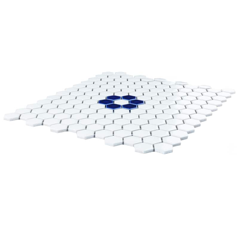 Merola Tile Metro Ion 1" Hex Sapphire Single Flower w/Glossy White Porcelain Mosaic Floor & Wall Tile