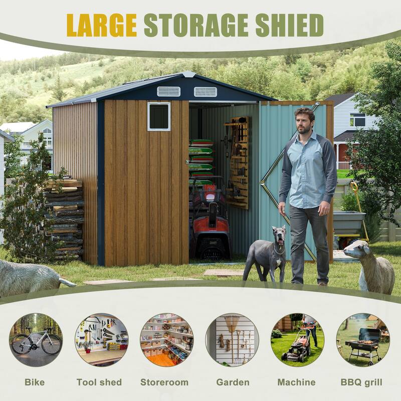 6x8FT Outdoor Steel Storage Shed with Clear Window, Lockable Doors, Compact Metal Tool Shed for Garden