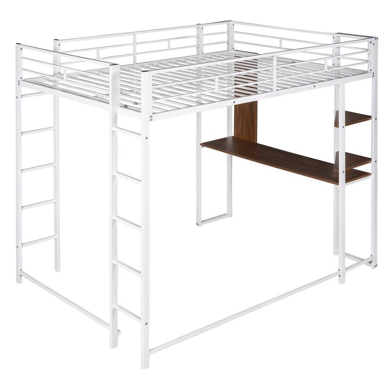 Full Size Metal Loft Bed with Desk and 2 Shelves, White