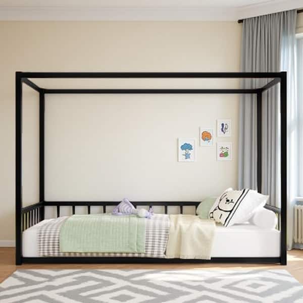 slide 2 of 21, Queen Size Modern Floor Bed Frame with Canopy Structure and Full Guardrails, Low-Profile Metal Platform Bed Twin Black - Twin