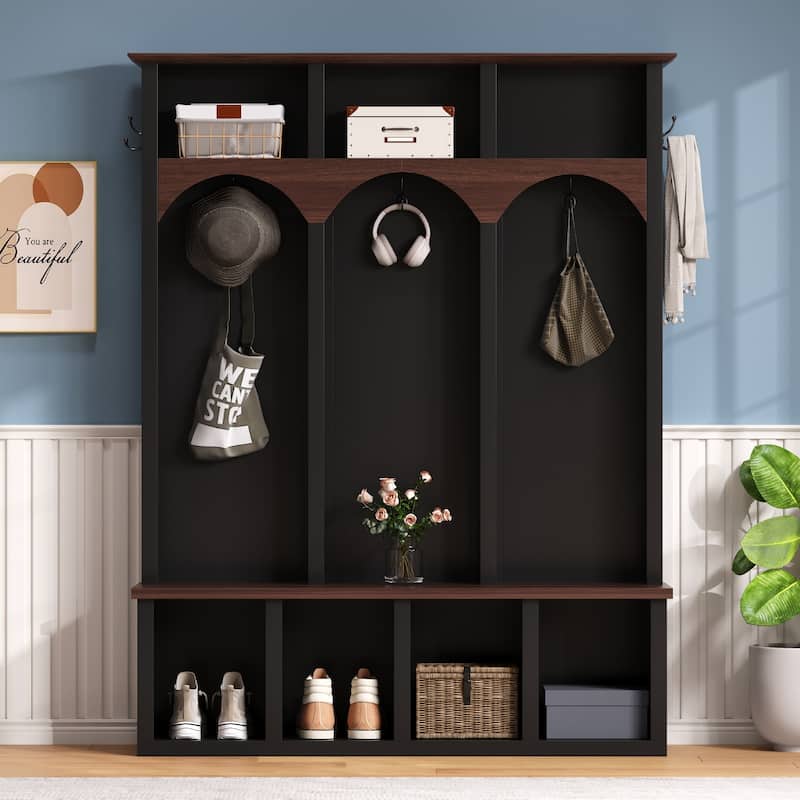 Farmhouse Wooden Style Hall Tree with Arched Design and Storage Bench - 59" W × 15.7" D × 76.7" H