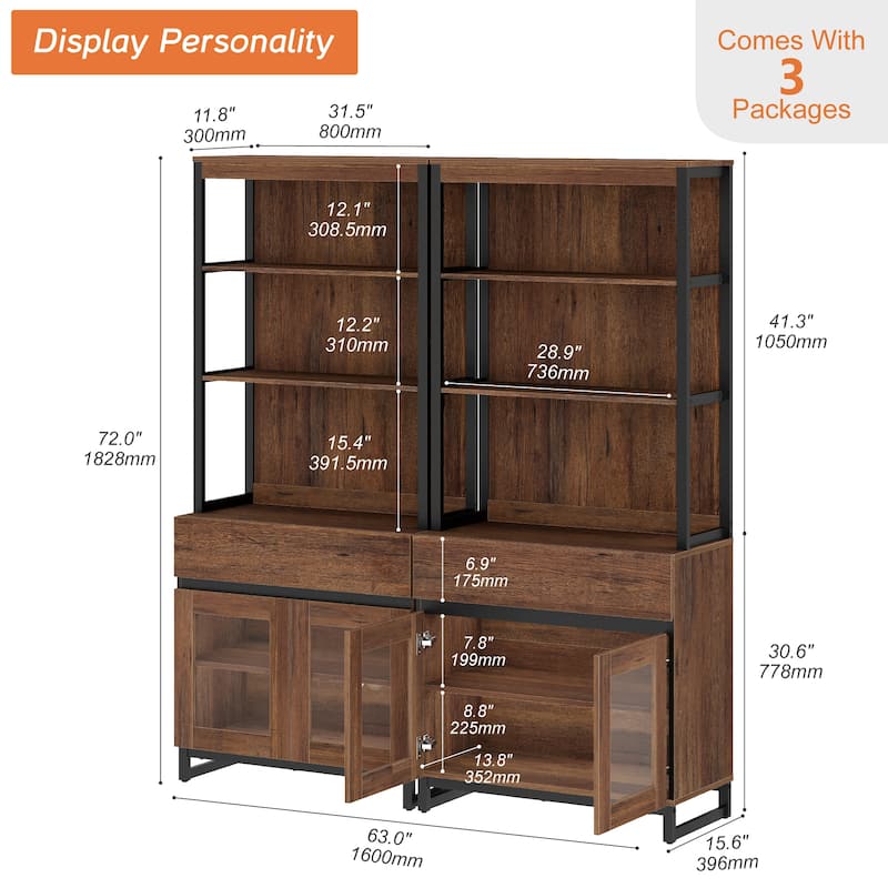 2 PCS Modern 72" Tall Bookcase with 2 Drawers and Open Book Shelfs for Home Office, Living room.
