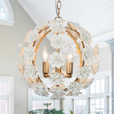 Mid-century Modern French Country 3 Lights Orb Chandeliers with Handmade Ceramic Flower - D 13.8" x H 75.2"
