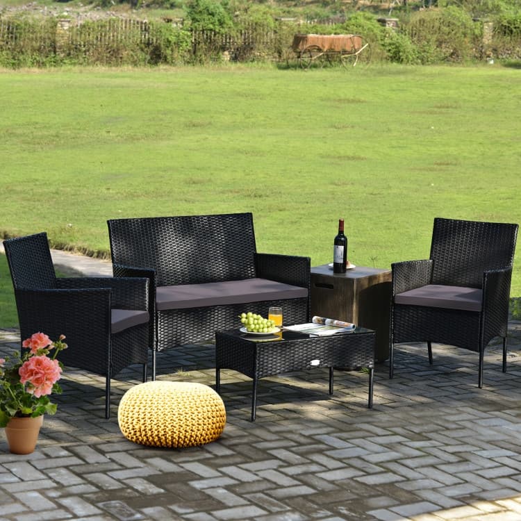 4 Pieces Patio Rattan Cushioned Sofa Set with Tempered Glass Coffee Table - 24" x 23.5" x 33" (L x W x H)