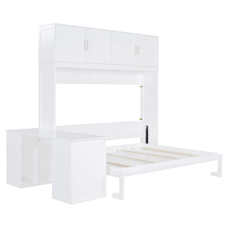 Queen Size Murphy Bed with Storage Shelves and 2 Storage Cabinets, Wooden Foldable Wall Bed Frame with Desk & Hydraulic Lift