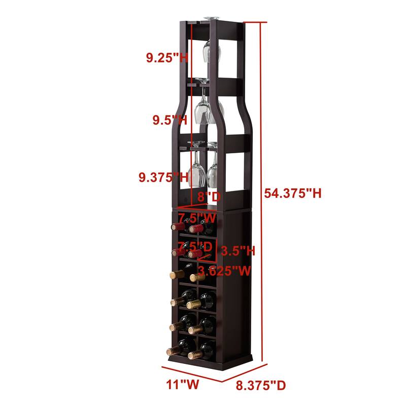Floor Wine Rack - 12 Bottle Wine Storage Display Shelf with Wine Glass Holder , Cherry