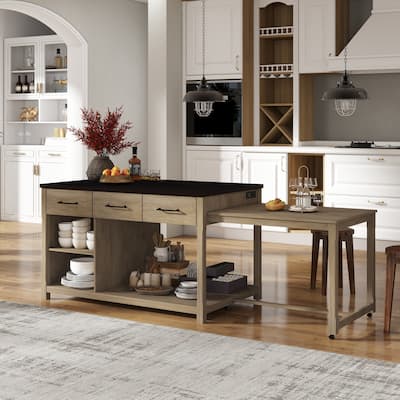 Extendable Kitchen Island with Power Outlets Retro Rolling Cart Espresso Storage
