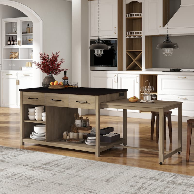 Extendable Kitchen Island with Storage, Kitchen Cart with Built-In Power Outlets, Kitchen Cabinet with Open Shelves