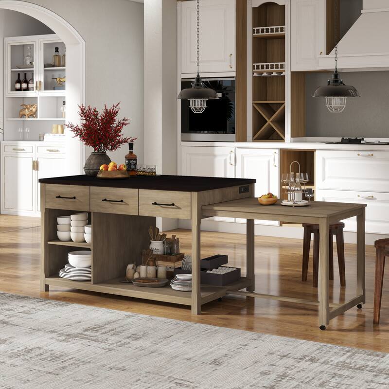 Extendable Kitchen Island with Storage, Multi-Functional Kitchen Cart with Built-In Power Outlets, Retro Kitchen Island - Natural+Espresso