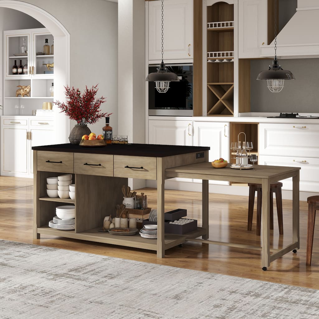 Extendable Kitchen Island with Storage, Retro Kitchen Island on Wheels