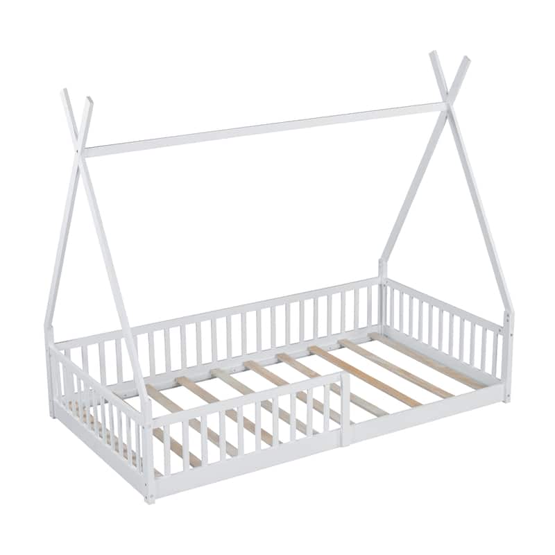 Twin Size Floor Bed, Platform Bed Frame with Fence and Roof, Solid Wood Playhouse Bedframe w/Open Door, No Box Spring Needed