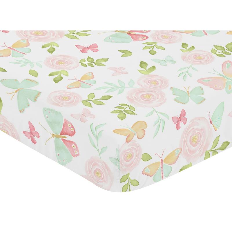 Sweet Jojo Designs Blush Pink, Mint and White Watercolor Rose Butterfly Floral Collection Fitted Crib Sheet