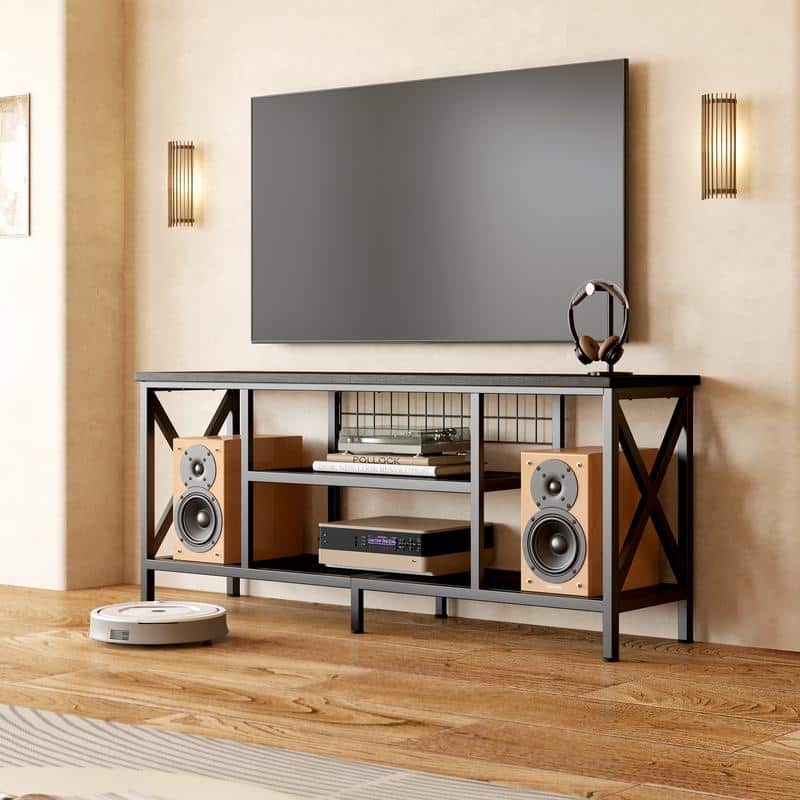Industrial TV Stand TV Console for Televisions Bedroom with Open Storage Shelves - Black