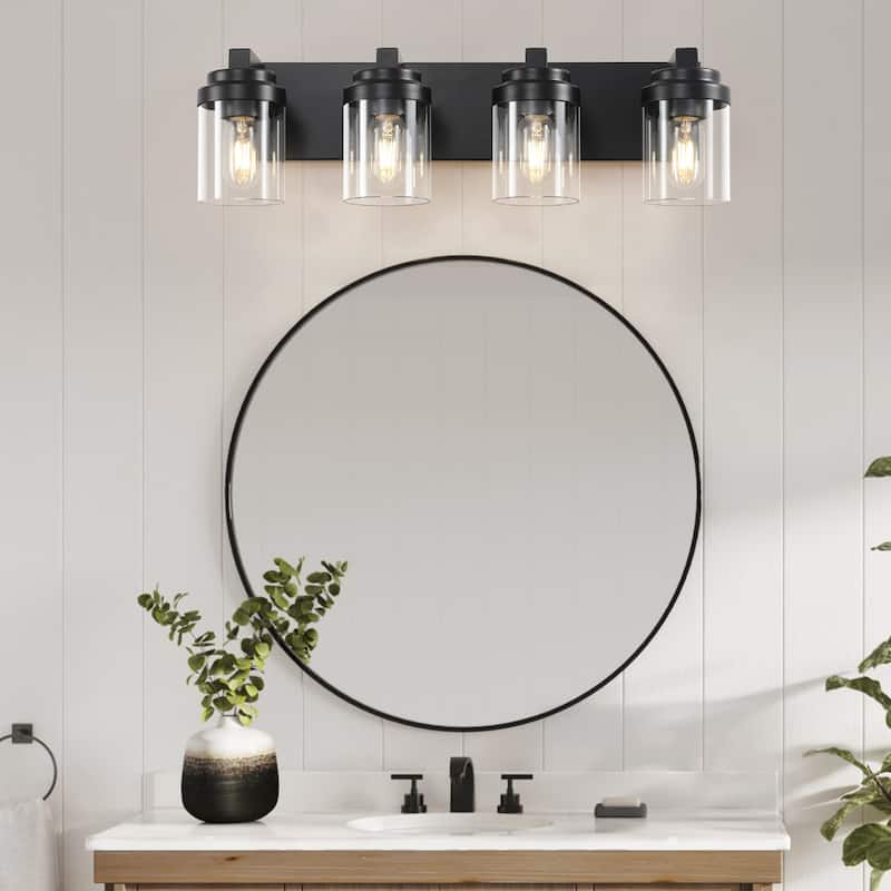 4 Light Bathroom Vanity Light, Matte Black Bathroom Light Fixtures with Clear Glass Shade, Vanity Light Fixtures Over Mirror