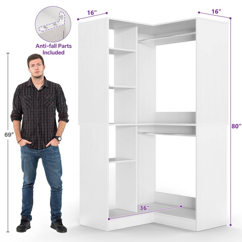 Qvella 36" Corner Closet System with 2 Hanging Rods and Hutches, Freestanding Corner Wardrobe Rack with Adjustable Shelves