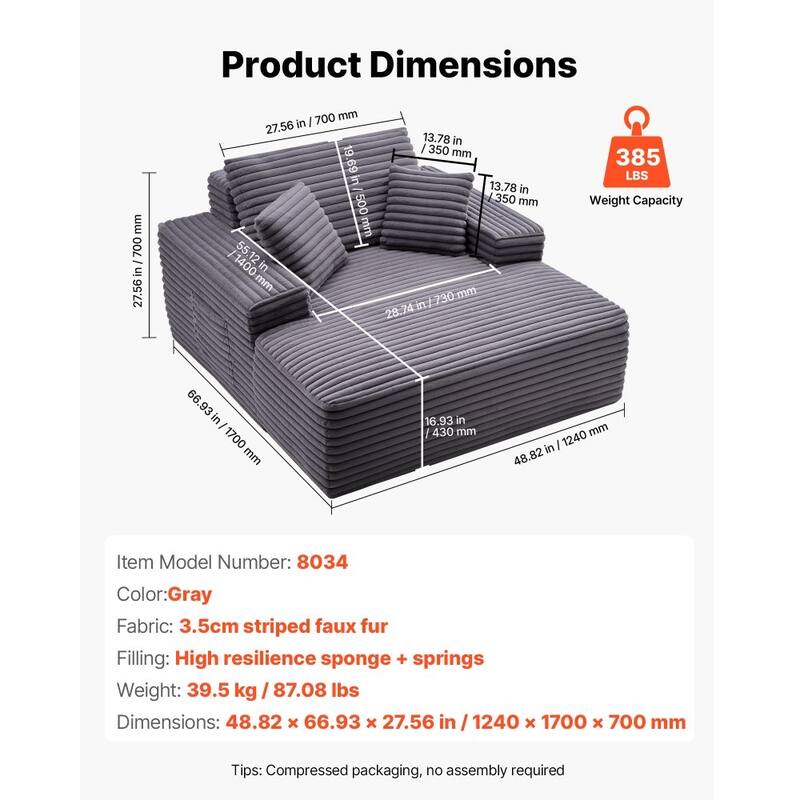 Faux Fur Chaise Lounge with Ergonomic Design, Pocket Springs and Pillows