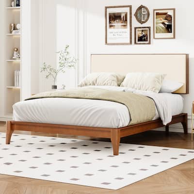 Elegant Solid Bamboo Wood Platform Bed with Upholstered Adjustable Headboard