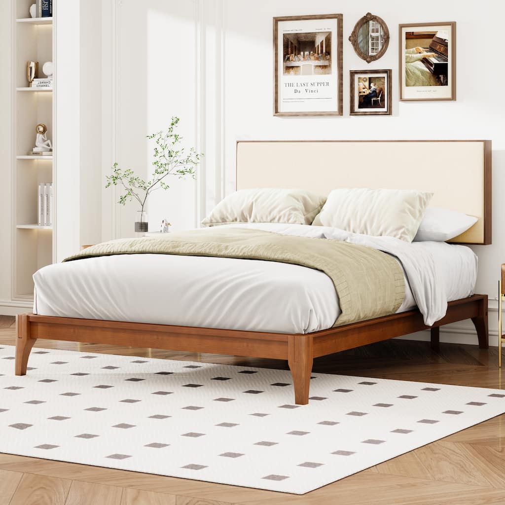 Open Frame Platform Bed with Headboard, Solid Dry Bamboo Bed Frame