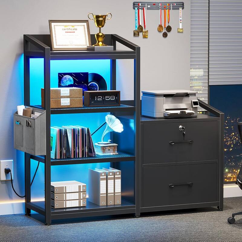 2 Drawer File Cabinet Filing Cabinet Letter Legal Power Strip LED Lights Lock Open Shelf