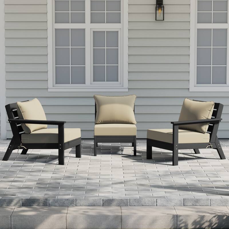Birchwood All Weather HDPE Outdoor Patio Deep Seating Black Sofa With Cushions (3-Piece) - Black/Beige