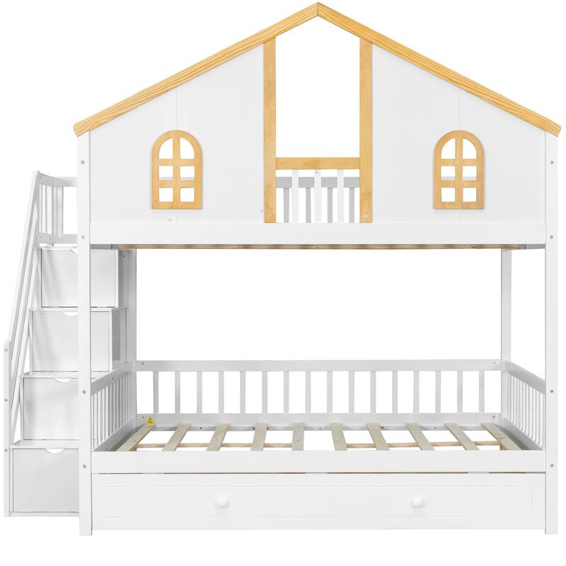 Fairytale Bunk Bed with Window Door House-shaped Roof Frame and Storage Staircase, Optional with Storage Drawers or Trundle Bed