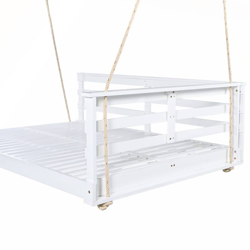Durable Acacia Wood Porch Swing Bed with Hemp Ropes for Patio and Garden