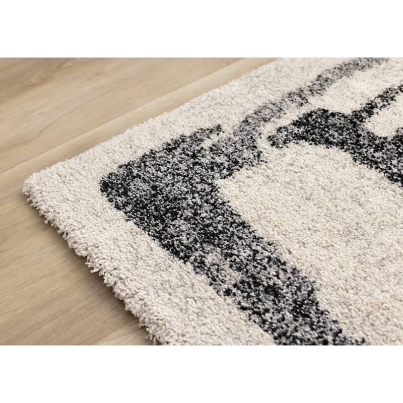 Maverick Collection - Distressed Lines White Black Plush Area Rug