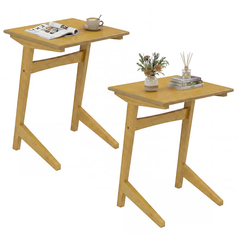 Gymax Wood Sofa Side Table Set of 2 w/Wood Veneered Top & Solid Rubber - Natural - Wood