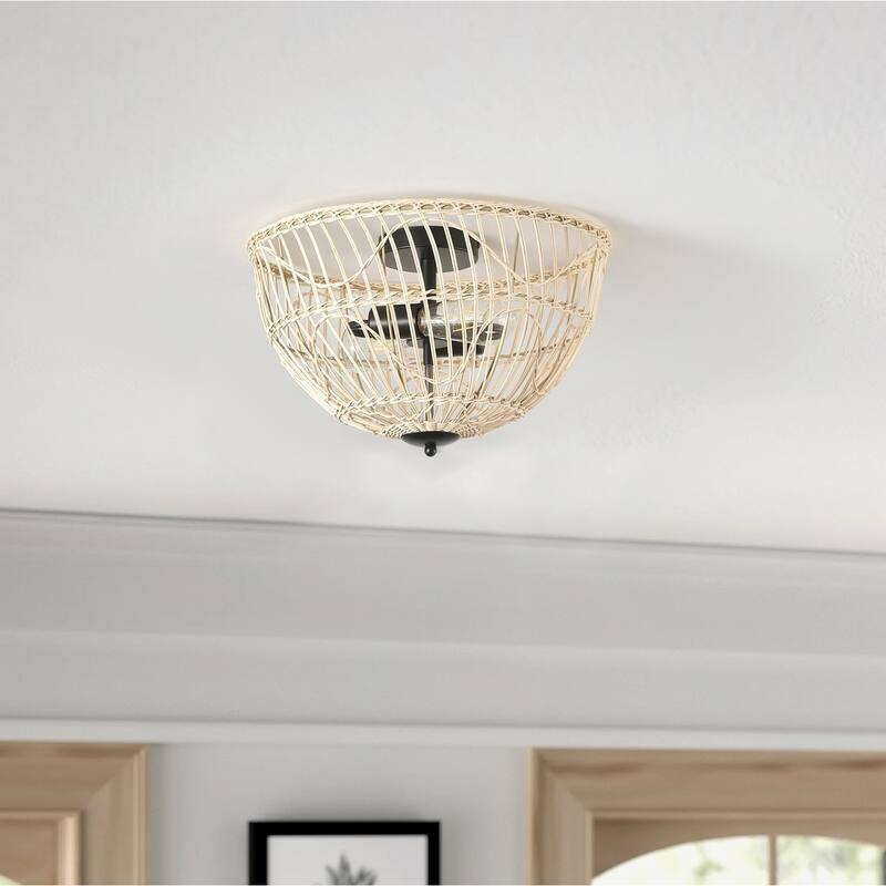 Farmhouse 2-Light Semi Flush Mount Close to Ceiling Light with Rattan Woven Shade