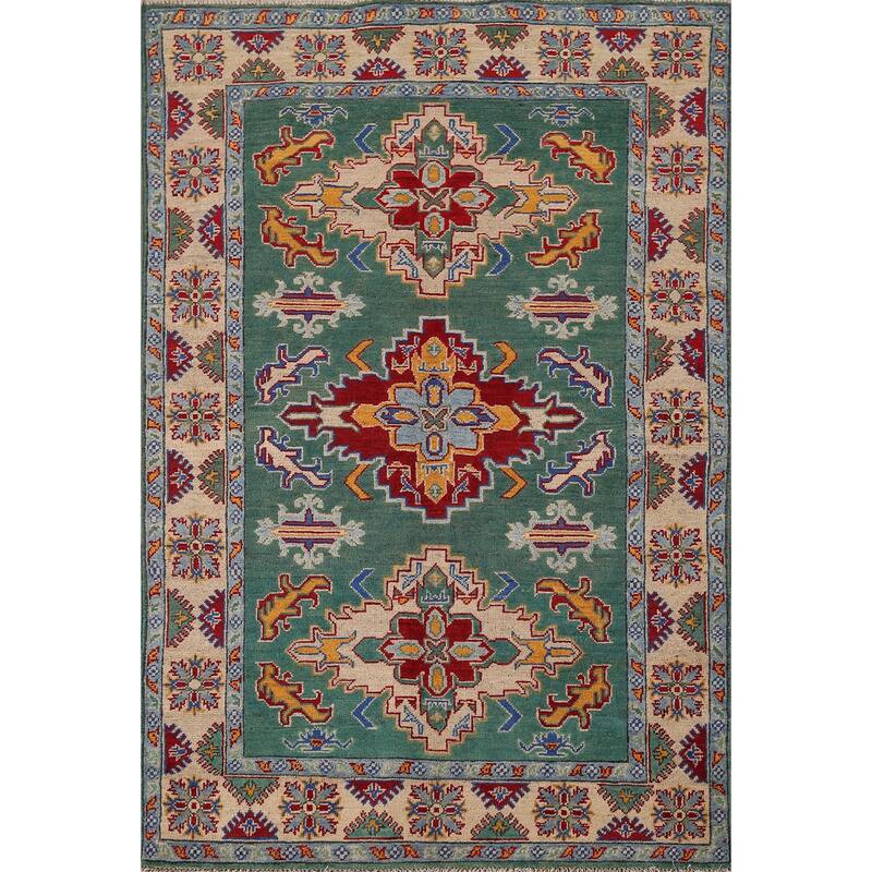 Oriental Green Geometric Kazak Area Rug Handmade Wool Carpet - 4'0" x 5'9"