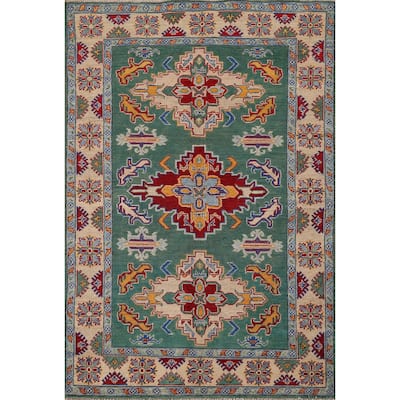Oriental Green Geometric Kazak Area Rug Handmade Wool Carpet - 4'0" x 5'9"