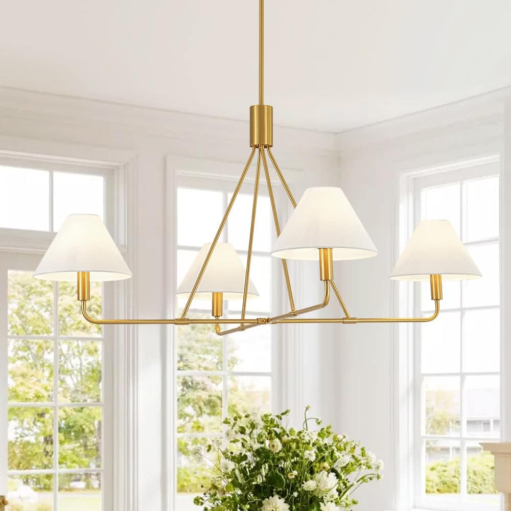 Midcentury 4-Light Conical Off-white Linen Shade Chandelier - 44.9 in