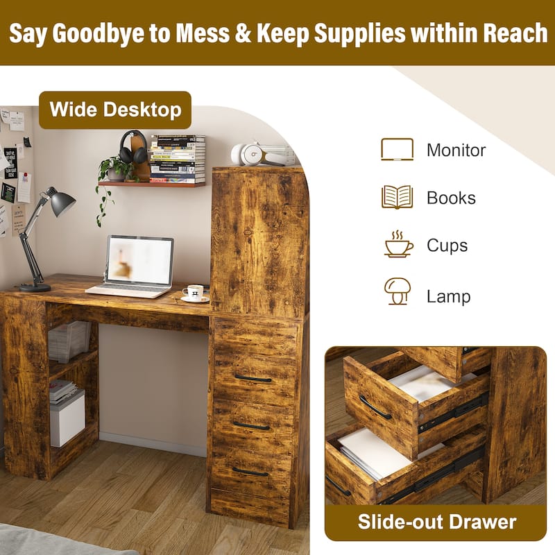 Computer Desk with 4-in-1 Socket & 3 Drawers, 4-Tier Storage Shelves, Carbonized Wood Finish Laminate for Home Office, Study