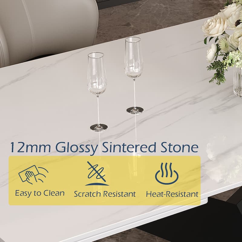 63-95"Extendable Modern Dining Table for 4-10, White Glossy Sintered Stone Tabletop, black X-Shaped Steel Legs - 94.5