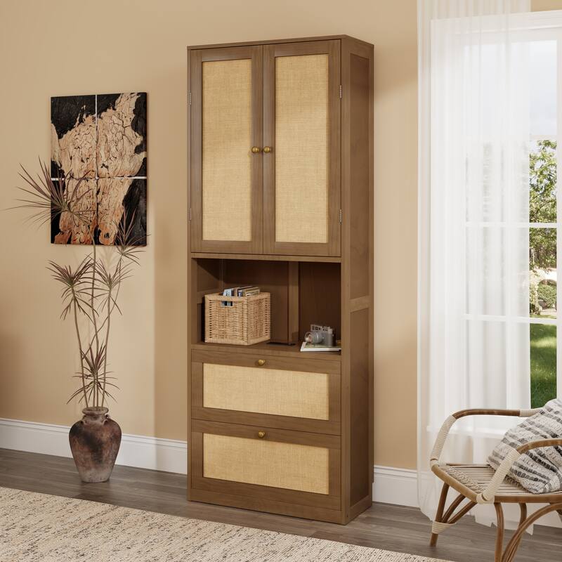 2 Doors Bookshelf with USB Port and 3 Drawers，Rattan Design Side Cabinet Storage Shelves，72.8 inch Tall Bookcase