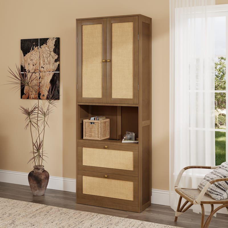 Storage Cabinet Storage Cabinet with Built-in USB Ports with Built-in USB Ports, Drawer Organizer Wardrobe Armoire - Walnut