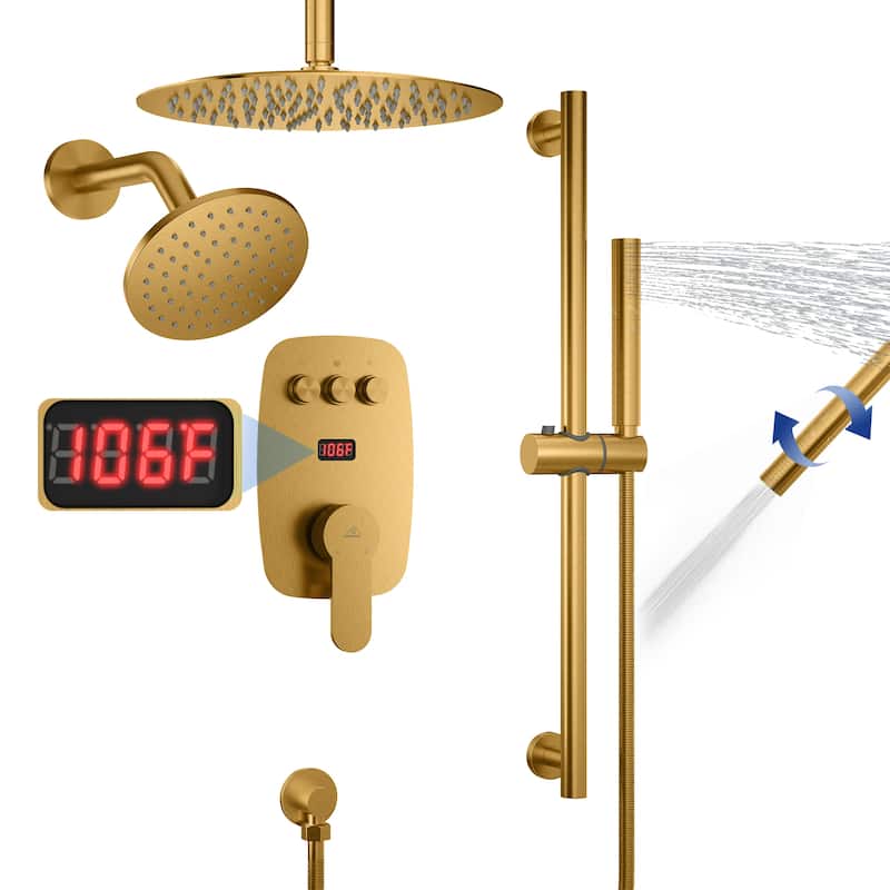 3-Spray Patterns 1.8 GPM 12 in. and 6 in. Dual Shower Head and Handheld Shower Head with Digital Display and Pressure-Balanced - Brushed Gold