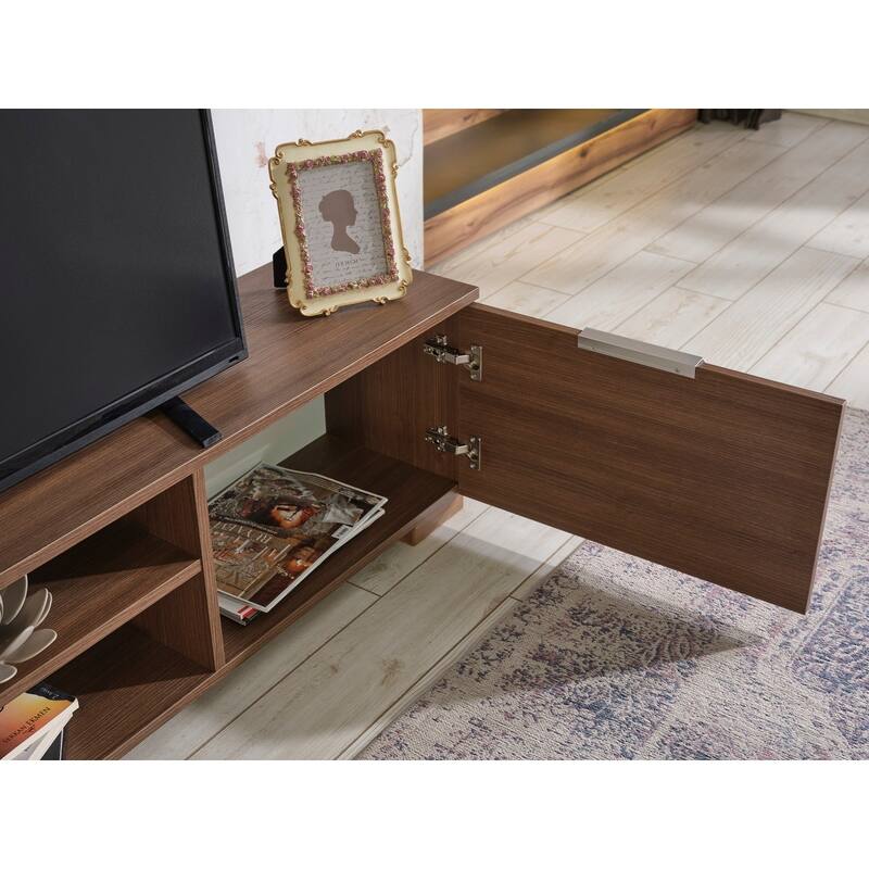 FurnisHome Store Luxia Mid Century Modern Tv Stand 2 Sliding Door Cabinet 2 Shelves 67 inch Tv Uni, White