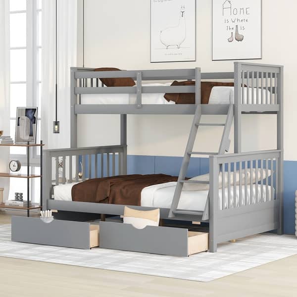 slide 2 of 73, Elegant Twin-Over-Full Bunk Bed Wooden Kids Bed with Ladders,Guardrail,Staircase and Two Storage Drawers Grey