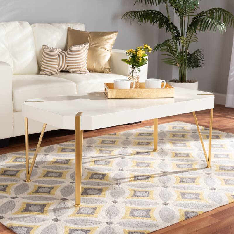 Kassa Glam Brushed Gold Metal and White Finished Wood Coffee Table
