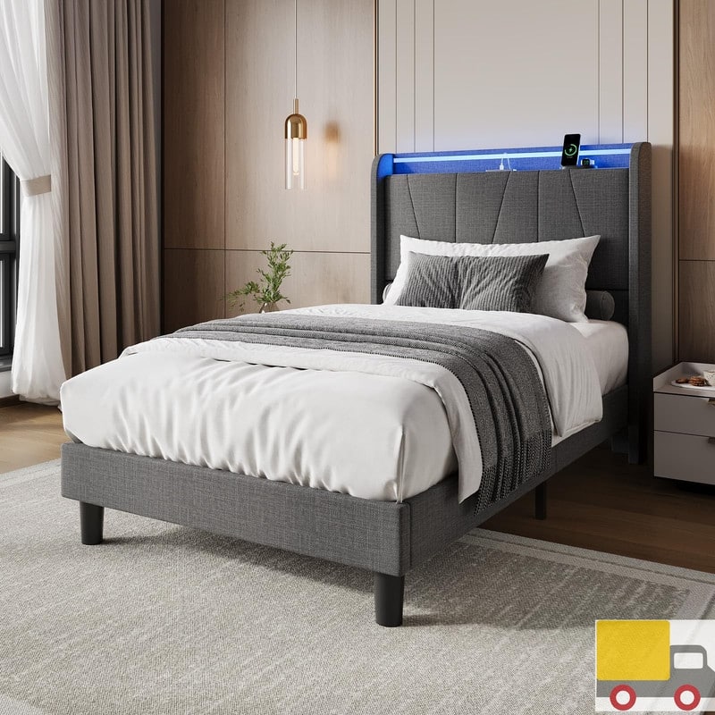 Upholstered Platform Bed with Charging Ports & LED Lights