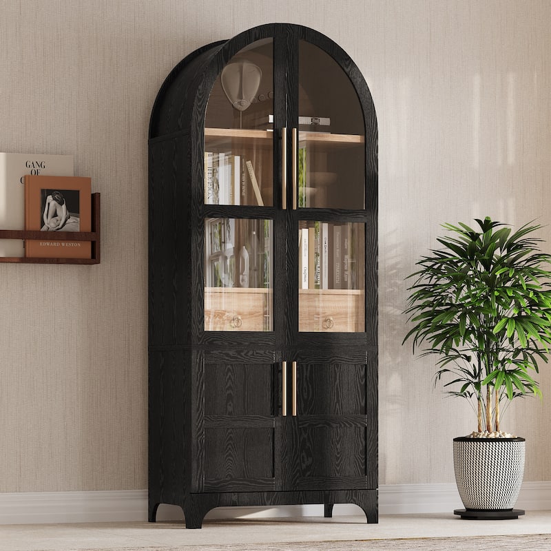 71" Tall Arched Kitchen Pantry Cabinet ,Farmhouse Kitchen Storage Cabinet with Adjustable Shelves, Drawer & Glass Door, Cupboard